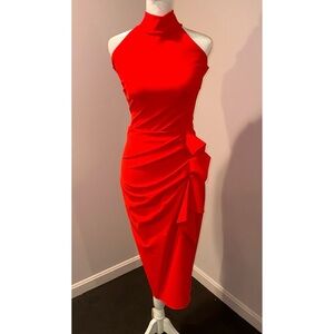 Chiara Boni Vibrant Red Halter Midi Dress with Side Drape